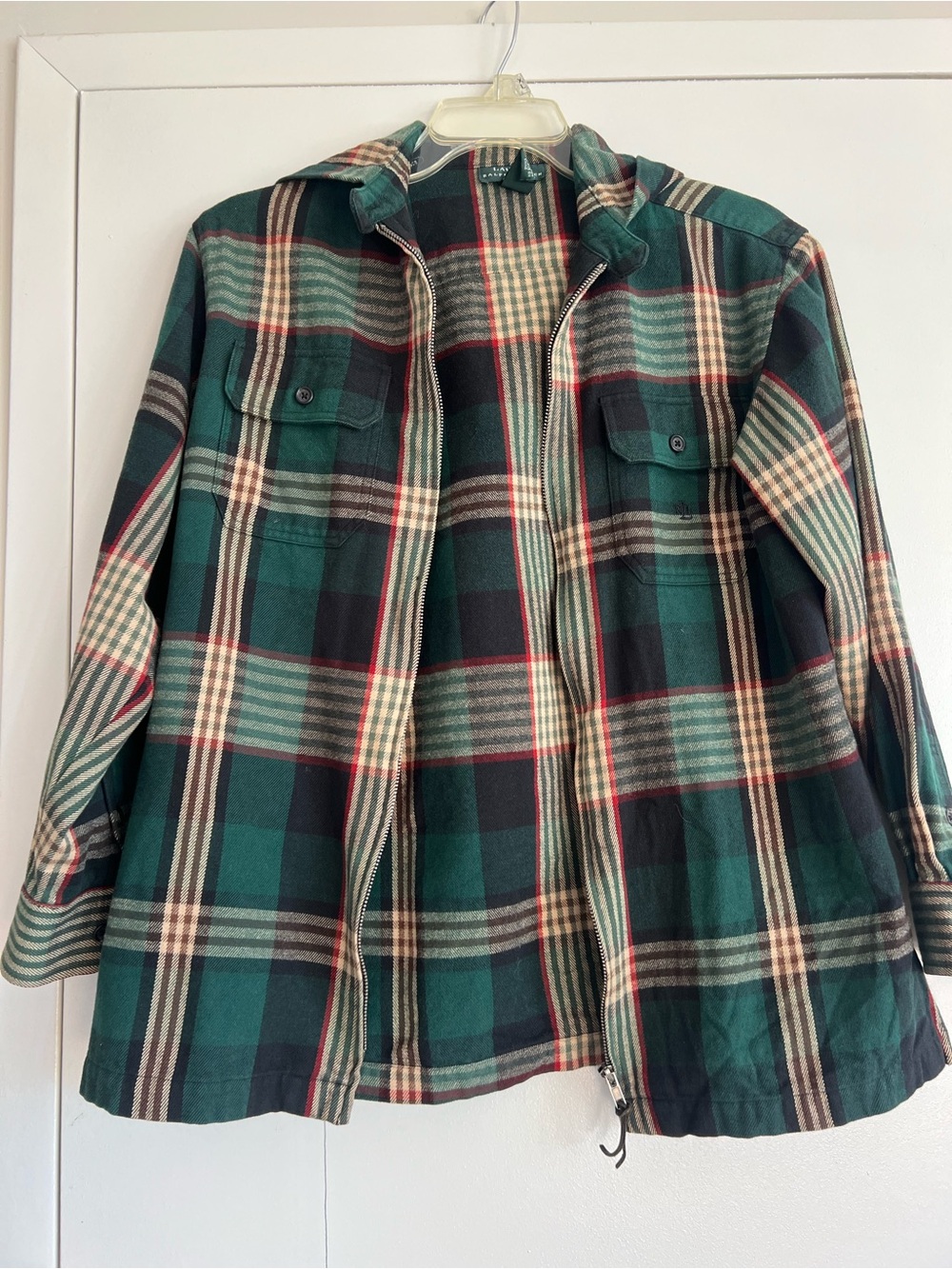 Lauren Ralph Lauren Green Plaid Cotton Zip-Front Flannel Shirt Jacket Women's